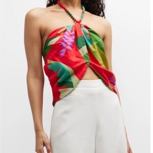 NWT Farm Rio Heliconia Red Beaded Halter Crop Top - Size Medium